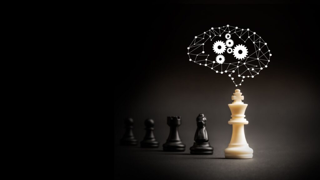 a line of chess pieces with an outline of a brain with spinning cogs and wheels