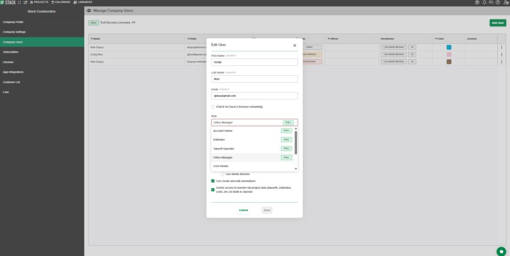 Office Manager User Roles - STACK Construction Technologies